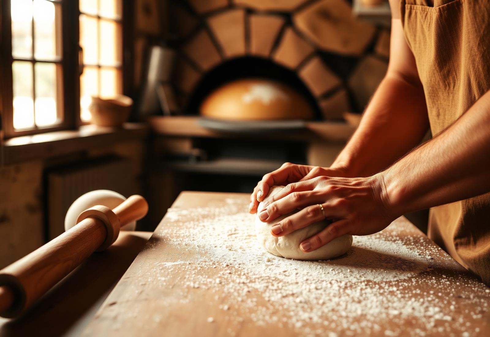 Mani che impastano nella bottega del Ristorante Doccia